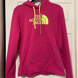 Large Women's pink/yellow north face sweatshirt